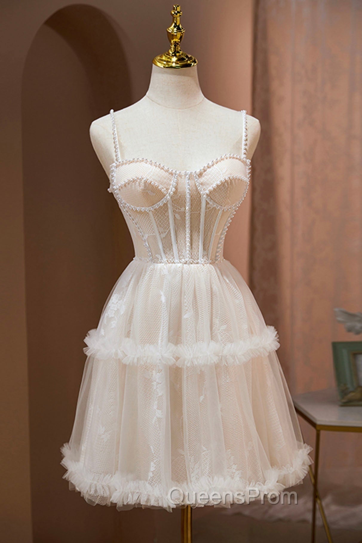 Champagne Lace Short Evening Prom Dress, Spaghetti Straps Party Dress with Pearl Main image