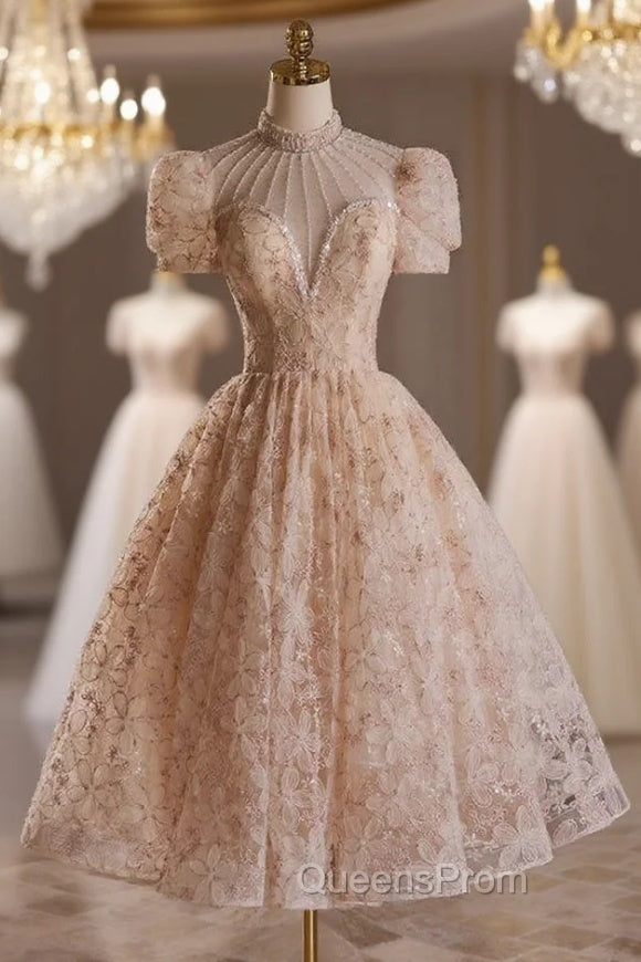 Champagne Lace Short Sleeve Beading Short Evening Prom Dress Main image