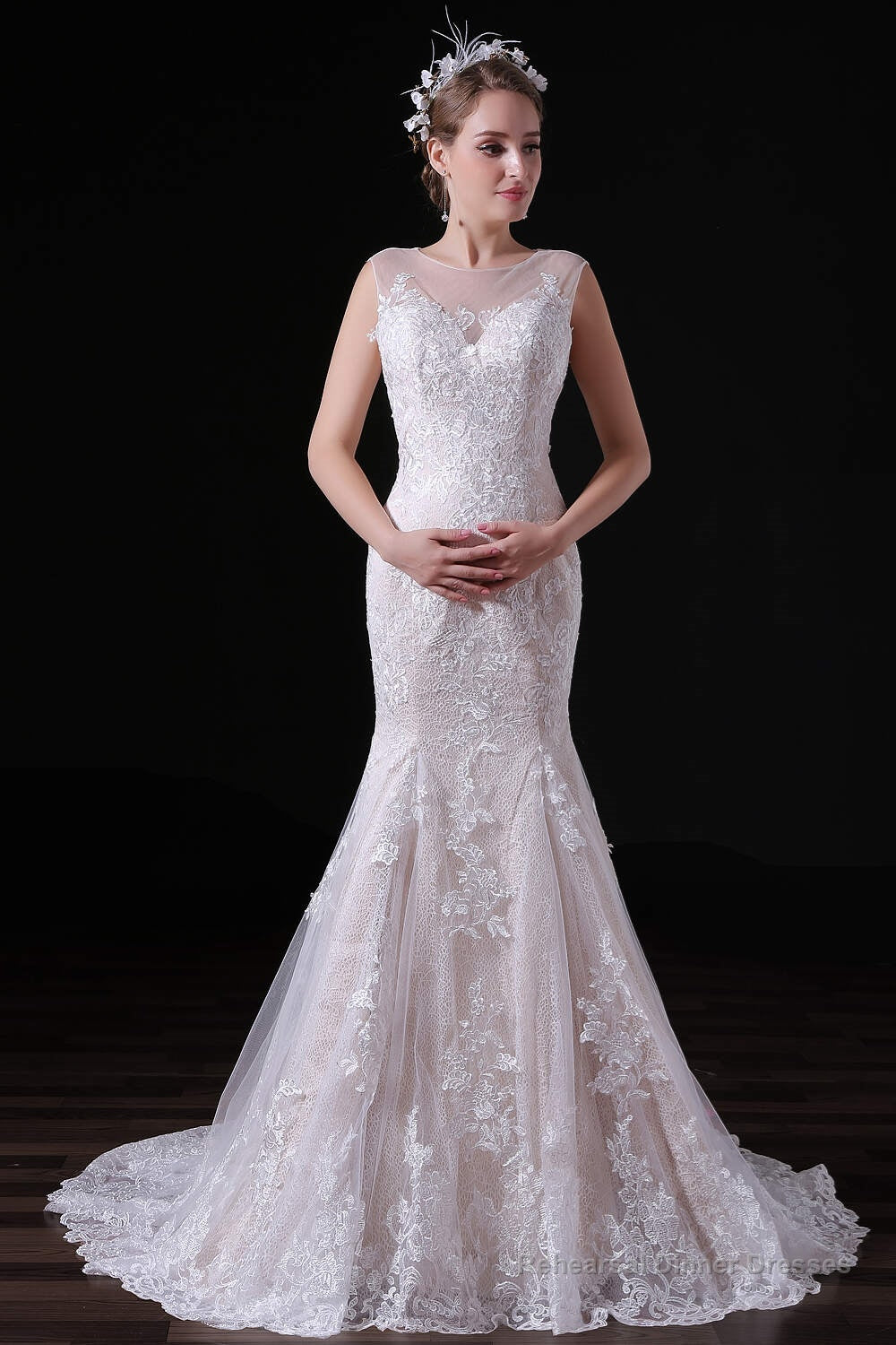 Champagne Lace Tulle Mermaid Long Wedding Dresses Main image