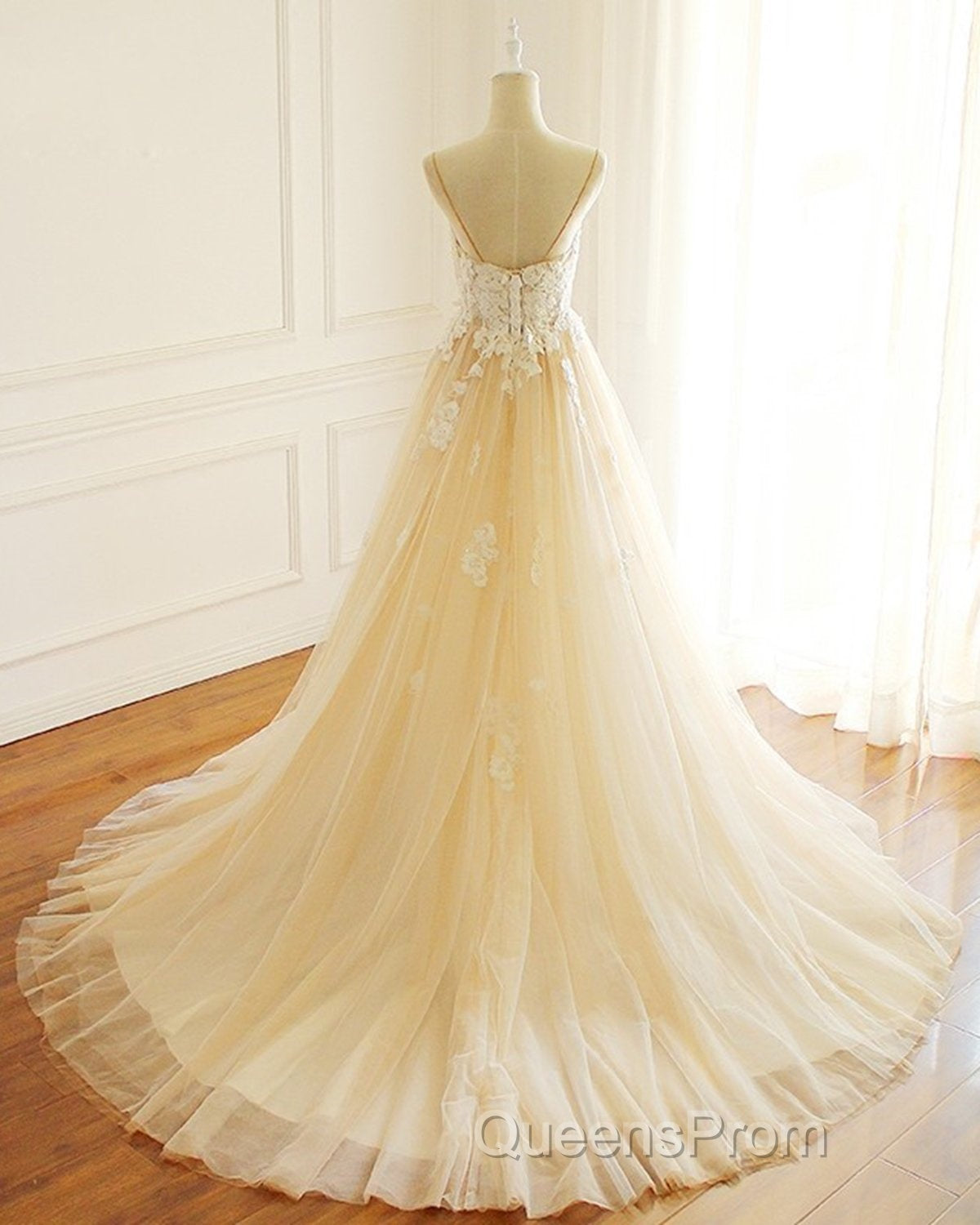 Champagne Long A-line Sweetheart Tulle Spaghetti Sweep Train Wedding Dress Secondary image