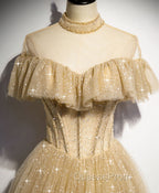 Champagne Long Evening Prom Dress, Aline Champagne Graduation Dress with Beading
