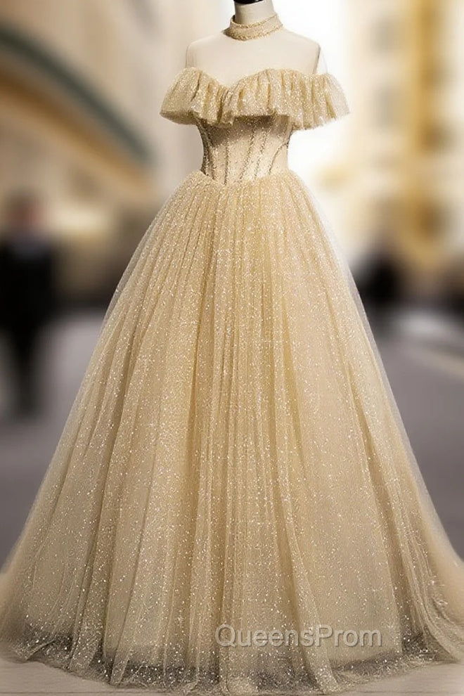Champagne Long Evening Prom Dress, Aline Champagne Graduation Dress with Beading