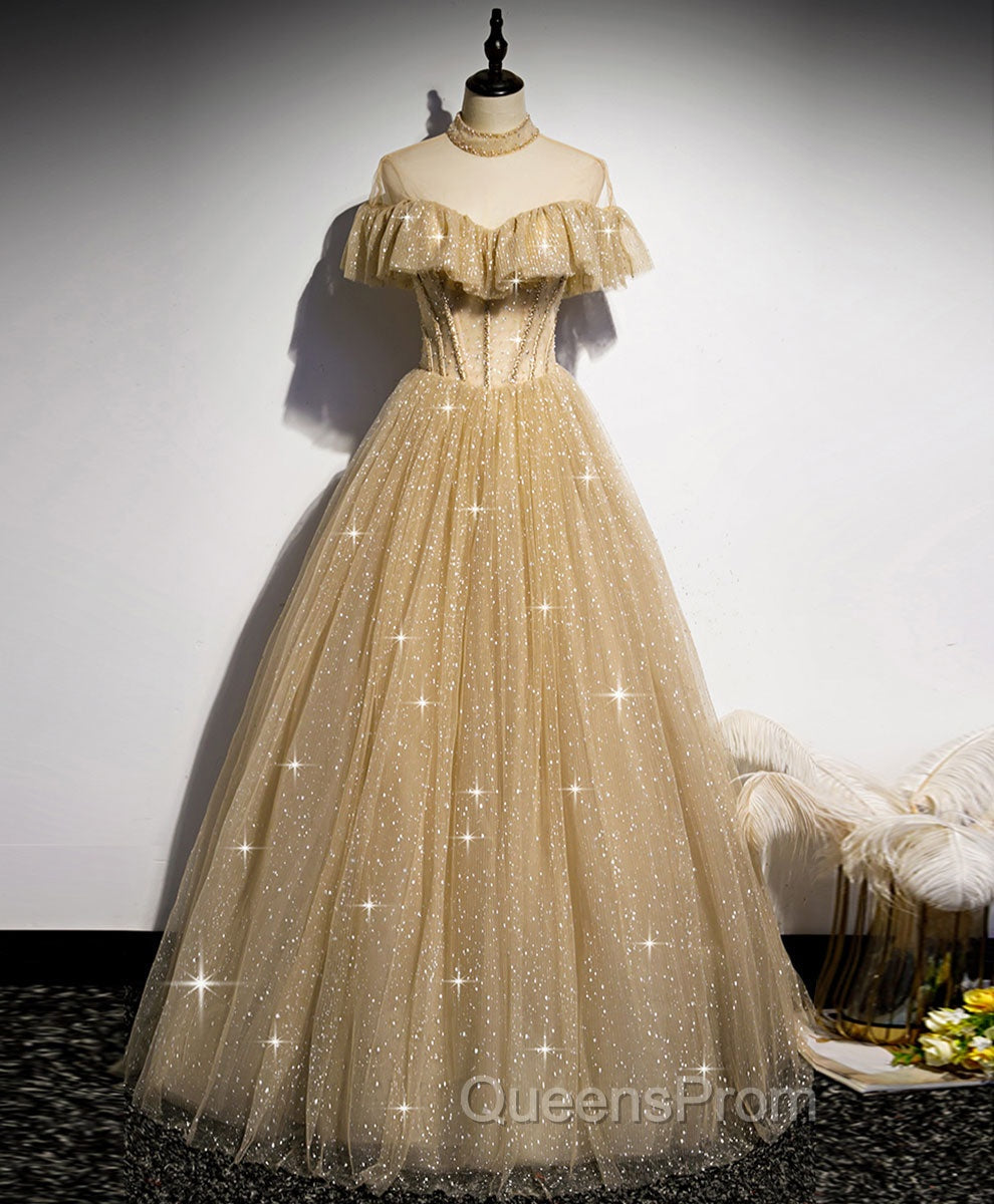 Champagne Long Evening Prom Dress, Aline Champagne Graduation Dress with Beading Main image
