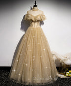 Champagne Long Evening Prom Dress, Aline Champagne Graduation Dress with Beading
