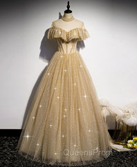 Champagne Long Evening Prom Dress, Aline Champagne Graduation Dress with Beading