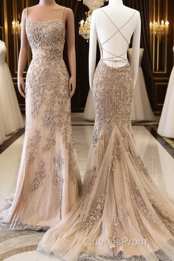 Champagne Mermaid Backless Lace Appliques Long Evening Prom Dress, Champagne Lace Formal Dress, Champagne Graduation Evening Dress Main image