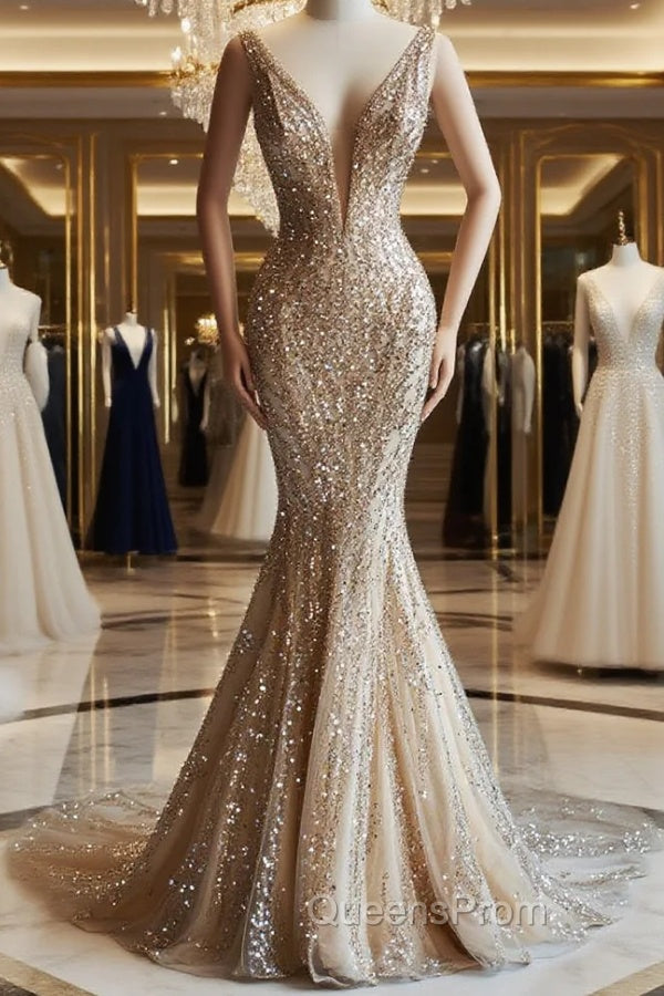Champagne Mermaid Deep V Neck Tulle Sequin Beaded Long Evening Prom Dress Sexy Evening Dress Main image