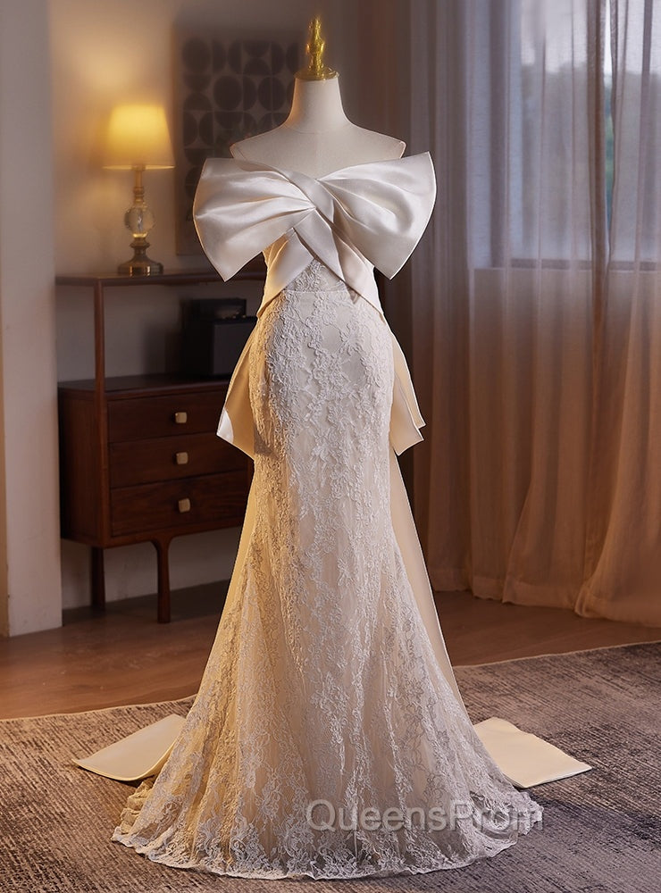 Champagne Mermaid Lace Bow Wedding Dress Main image