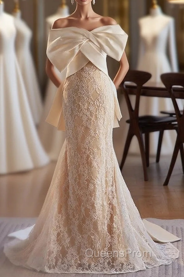 Champagne Mermaid Lace Satin Wedding Dress Main image