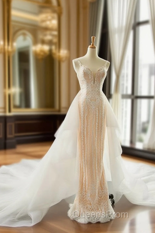 Champagne Mermaid Lace White Tulle Spaghetti Straps Wedding Dress With Removable Train Main image