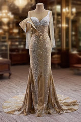 Champagne Mermaid Long Sleeve Beading Evening Prom Dress