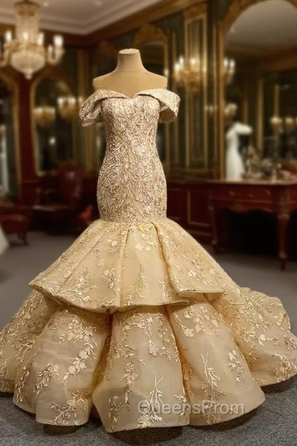 Champagne Mermaid Off the Shoulder Appliques Evening Prom Dress