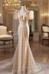 Champagne Mermaid Puff Sleeve Pearls Evening Prom Dress