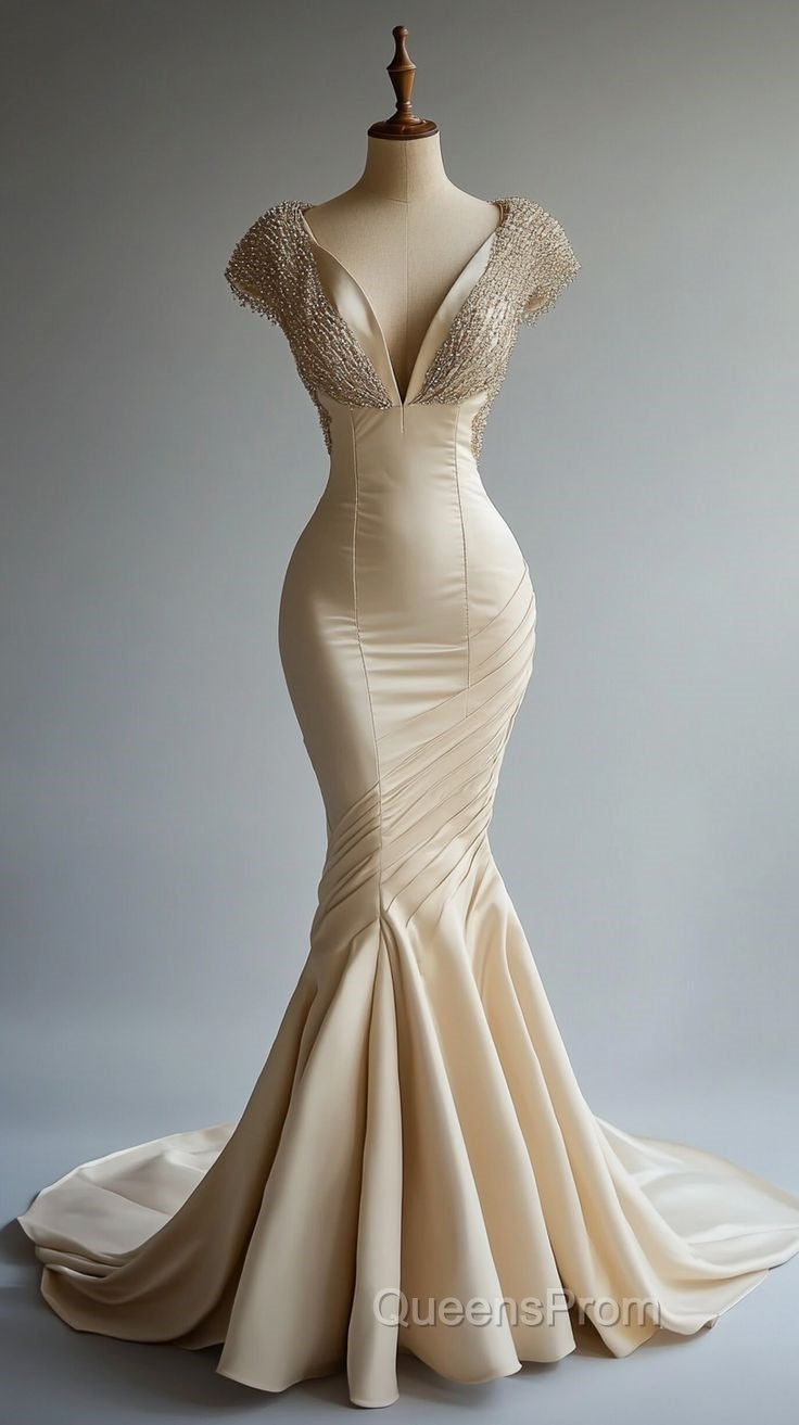 Champagne Mermaid Satin Beaded V-Neck Long Ball Dress, Elegant Evening Dress Secondary image