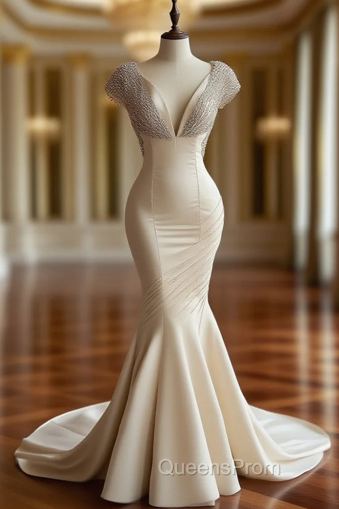 Champagne Mermaid Satin Beaded V-Neck Long Ball Dress, Elegant Evening Dress