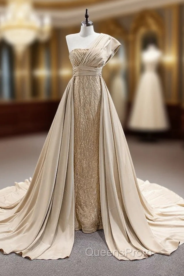 Champagne Mermaid Satin Sequins Beading Evening Prom Dress