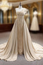 Champagne Mermaid Satin Sequins Beading Evening Prom Dress