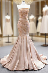 Champagne Mermaid Satin Strapless Beading Sequins Evening Prom Dress