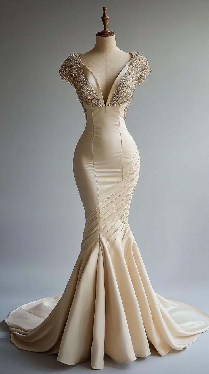 Champagne Mermaid Satin Beaded V-Neck Long Ball Dress, Elegant Classy Evening Dress Main image