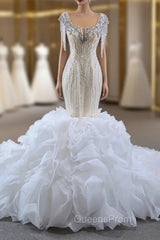 Champagne Mermaid Sequins Beading Crystal Wedding Dress