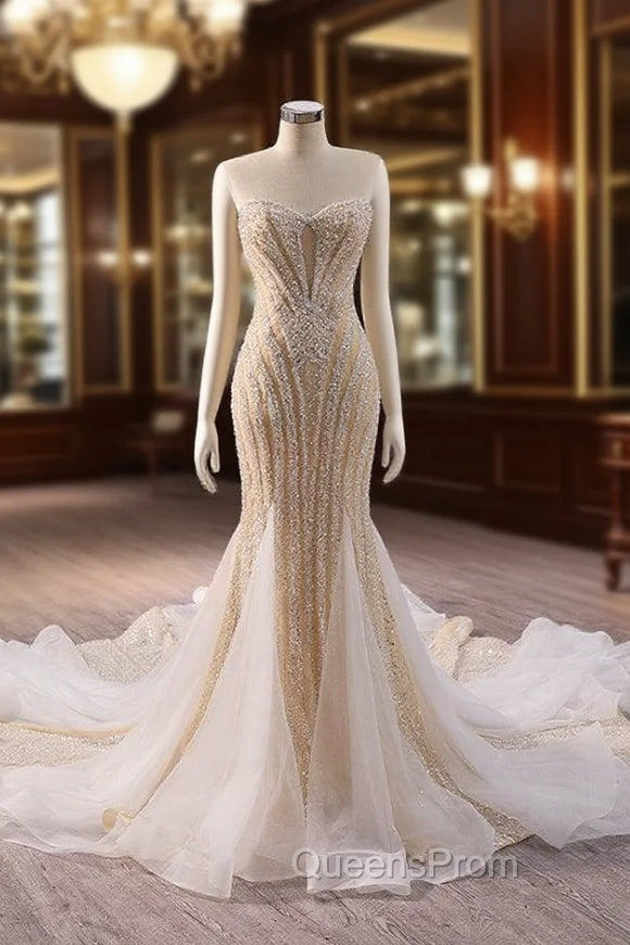 Champagne Mermaid Sequins Beading Evening Prom Dress