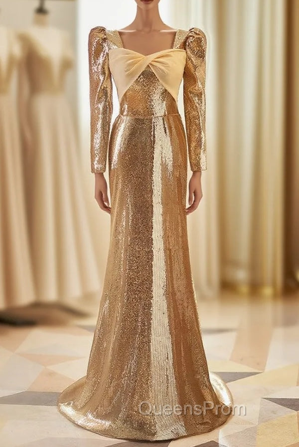 Champagne Mermaid Sequins Long Sleeve Evening Prom Dress