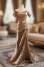 Champagne Mermaid Sequins Pleats Off the Shoulder Evening Prom Dress
