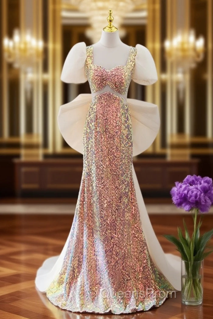 Champagne Mermaid Sequins Evening Prom Dress