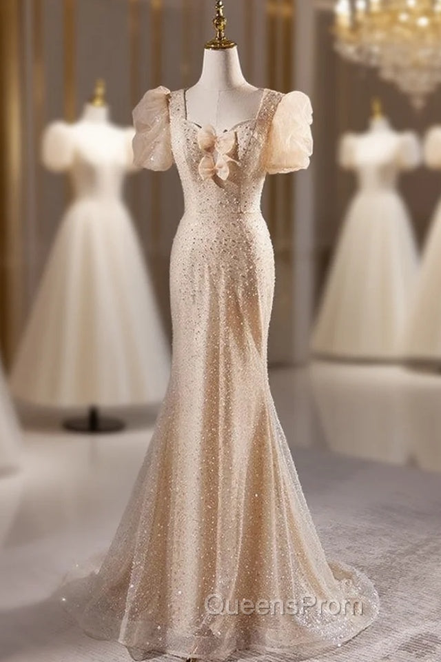 Champagne Mermaid Sequins Puff Sleeve Evening Prom Dress