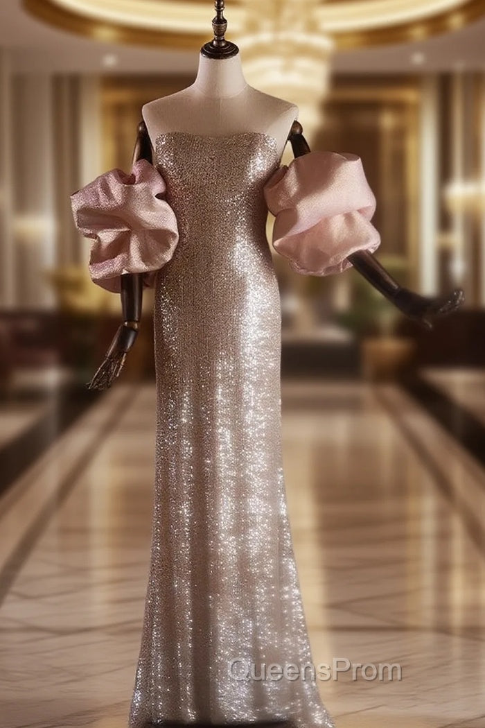 Champagne Mermaid Sequins Puff Sleeve Strapless Evening Prom Dress
