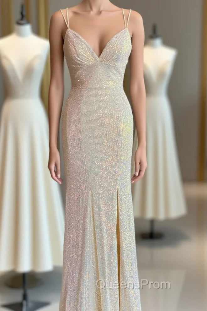 Champagne Mermaid Sequins Spaghetti Straps Evening Prom Dress