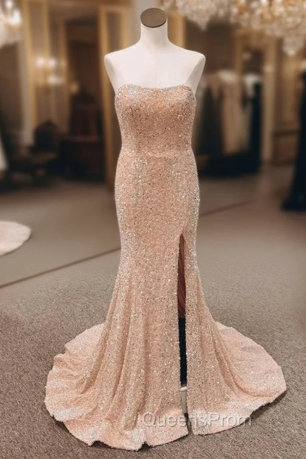 Champagne Mermaid Sequins Strapless Split Evening Prom Dress