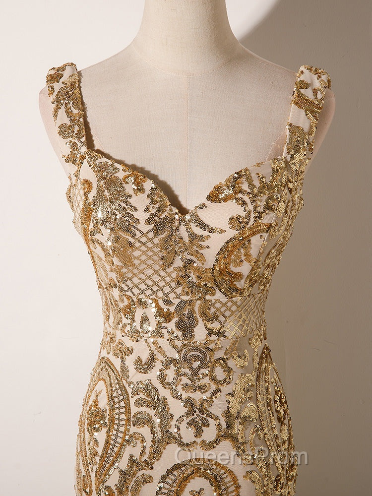 Champagne Mermaid Sequins Straps Evening Dress, Champagne Sequins Evening Prom Dress Secondary image