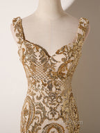 Champagne Mermaid Sequins Straps Evening Dress, Champagne Sequins Evening Prom Dress