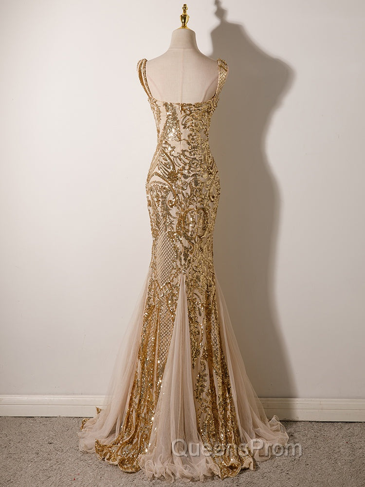 Champagne Mermaid Sequins Straps Evening Dress, Champagne Sequins Evening Prom Dress
