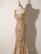 Champagne Mermaid Sequins Straps Evening Dress, Champagne Sequins Evening Prom Dress