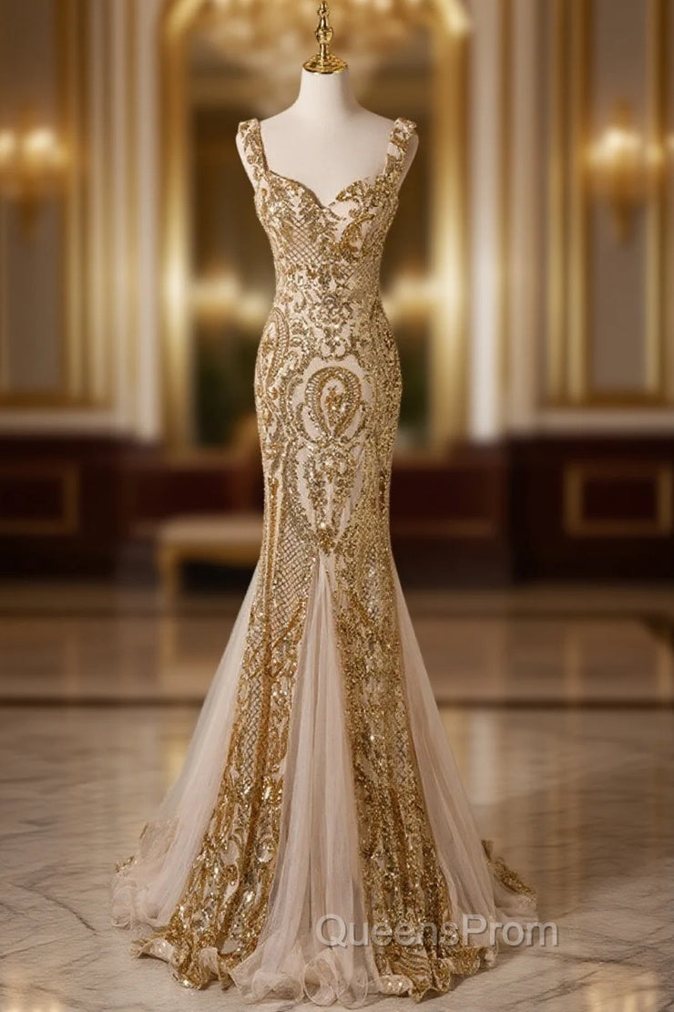 Champagne Mermaid Sequins Straps Evening Dress, Champagne Sequins Evening Prom Dress Main image