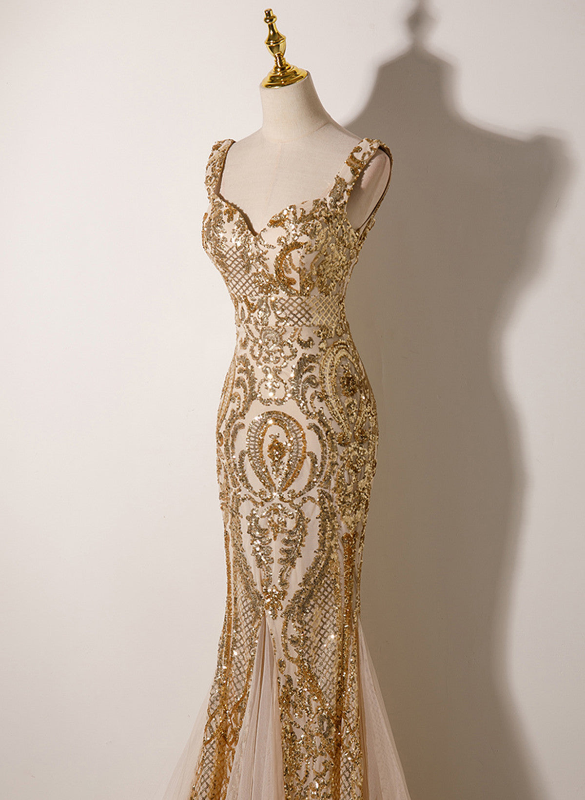 Champagne Mermaid Sequins Straps Long Party Dress, Champagne Classy Prom Dress Secondary image