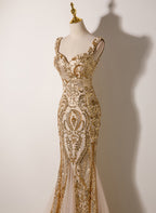 Champagne Mermaid Sequins Straps Long Party Dress, Champagne Classy Prom Dress