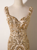 Champagne Mermaid Sequins Straps Long Party Dress, Champagne Classy Prom Dress