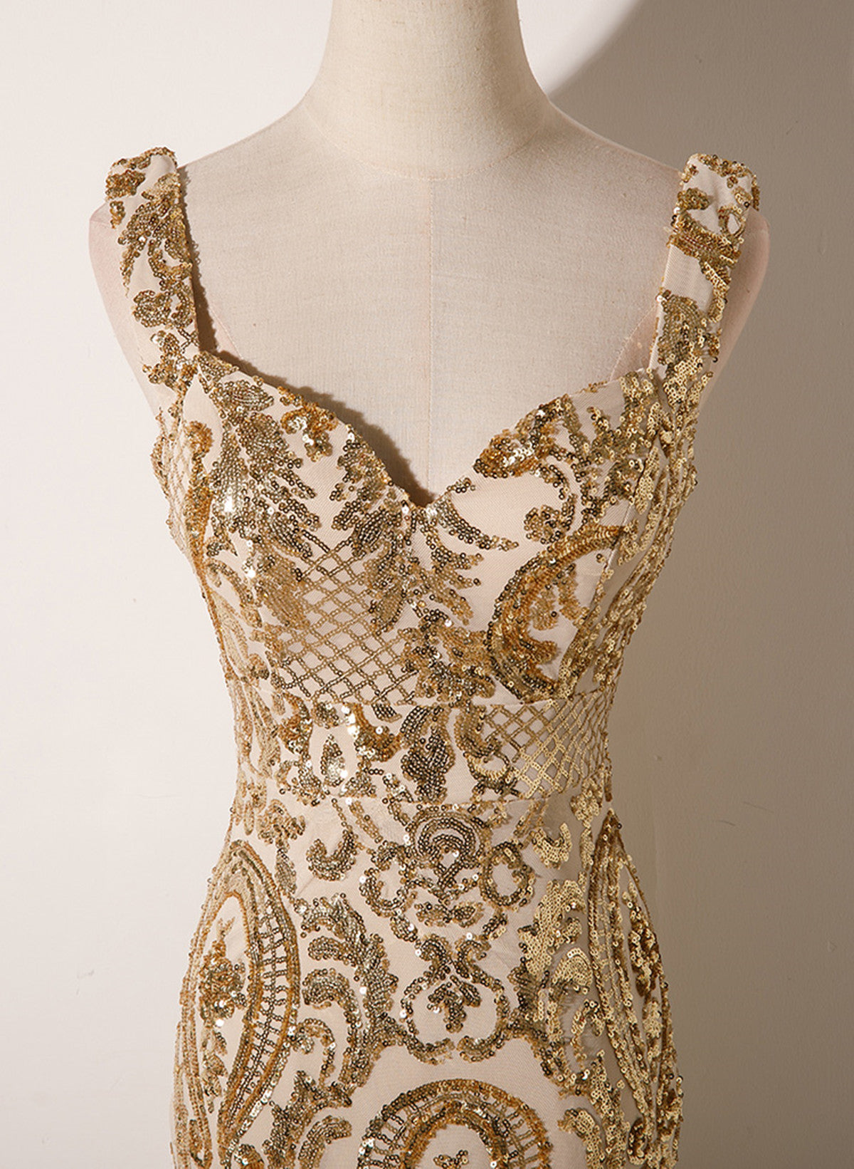 Champagne Mermaid Sequins Straps Long Party Dress, Champagne Classy Prom Dress
