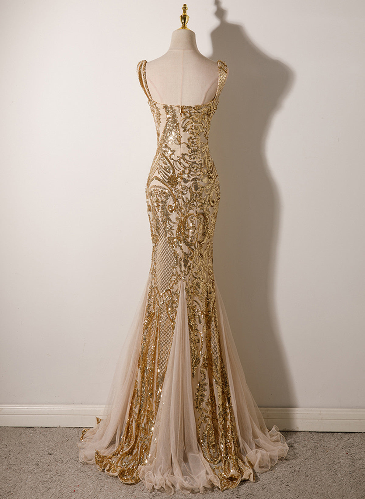 Champagne Mermaid Sequins Straps Long Party Dress, Champagne Classy Prom Dress