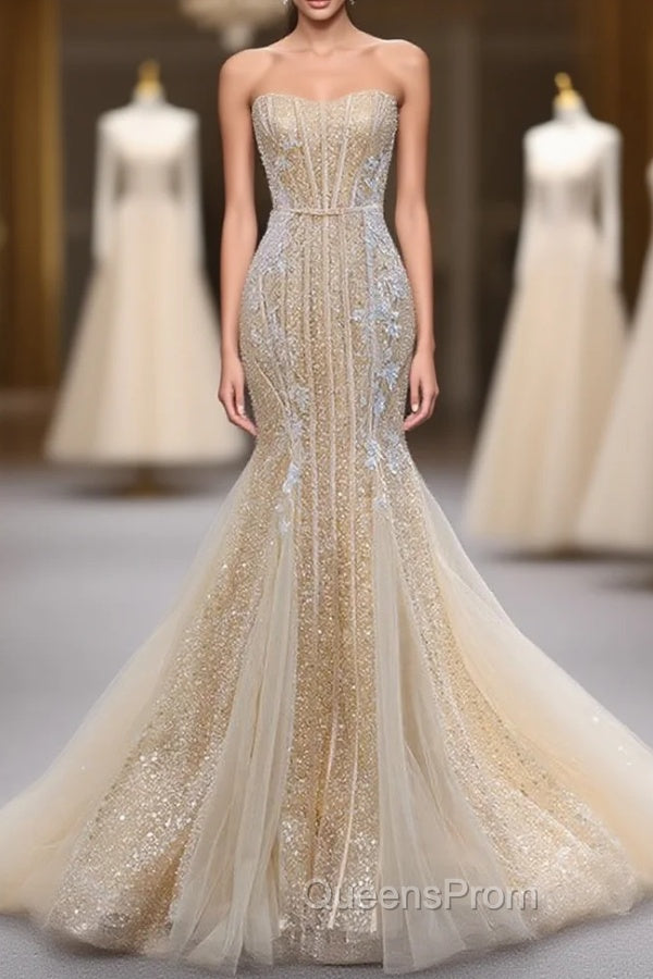 Champagne Mermaid Sequins Tulle Strapless Appliques Evening Prom Dress