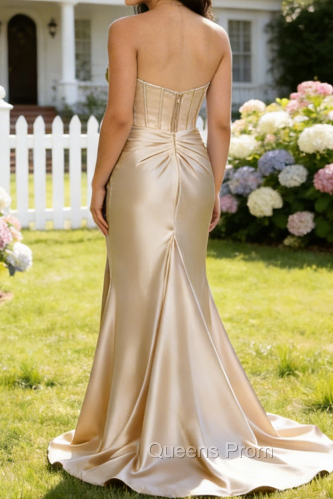 Champagne Mermaid Strapless Pleated Corset Long Prom Dress with Slit