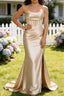 Champagne Mermaid Strapless Pleated Corset Long Prom Dress with Slit