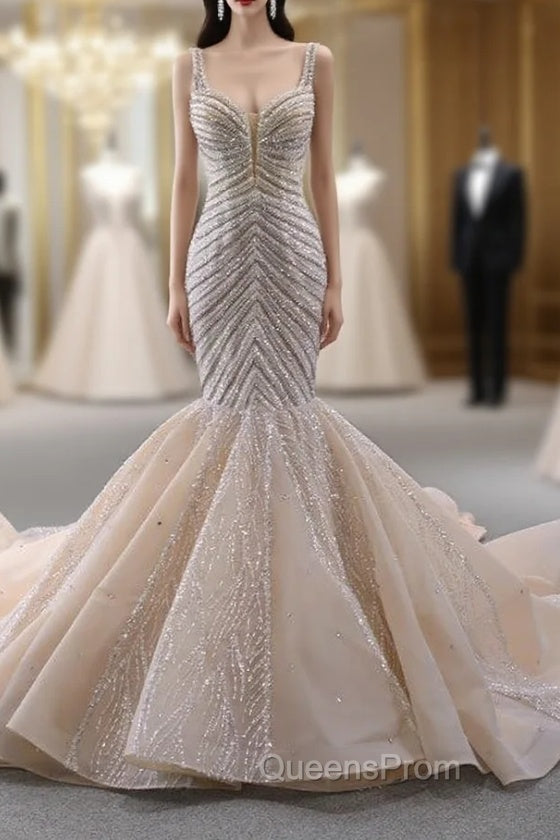 Champagne Mermaid Straps Beading Evening Prom Dress