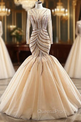 Champagne Mermaid Tulle Beading Long Sleeve Evening Prom Dress