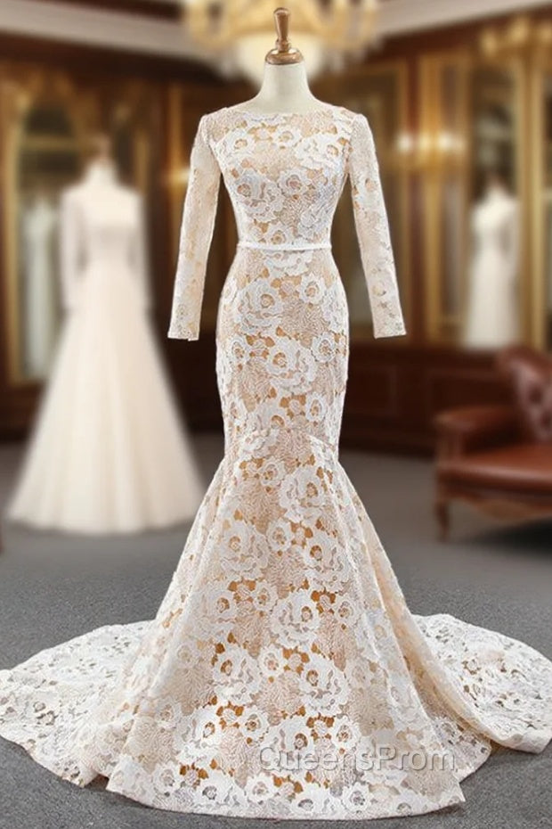 Champagne Mermaid Tulle Lace Flower Long Sleeve Evening Prom Dress