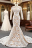 Champagne Mermaid Tulle Lace Flower Long Sleeve Evening Prom Dress