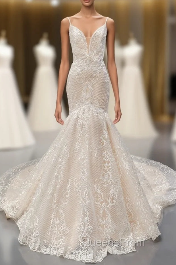 Champagne Mermaid Tulle Lace Spaghetti Straps Wedding Dress Main image